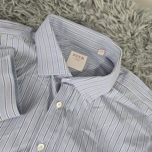 Pink Mens 17/43 Blue Striped Long Sleeve French Cuff Button Front‎ Shirt